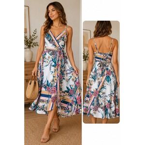 Hale Bob Midi Dress Floral Leopard Striped Mixed Print Sleeveless Boho Small